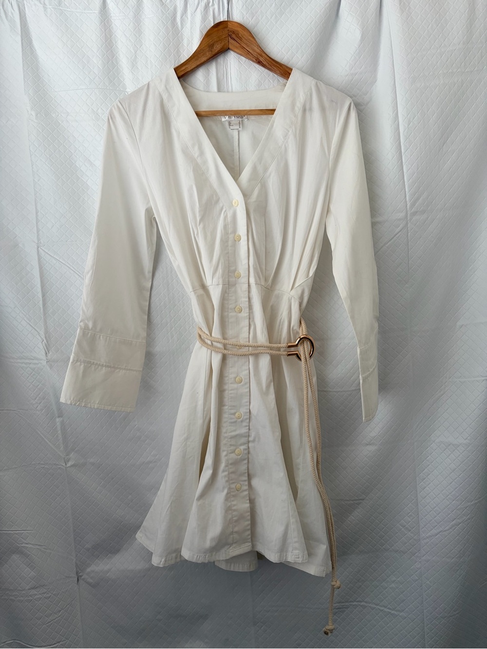 VENUS Cream Button-Front Long Sleeve Shirt Dress with Rope Belt